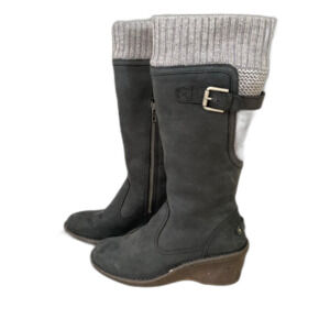 Ugg Skyfall Boots Women's Size 6 black gray leather wool  /sock Buckle wedge